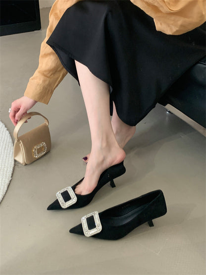 French pointed toe high heels stiletto single shoes for women2025Spring and Autumn New Style Cat Heel Elegant Rhinestone Black Work Shoes