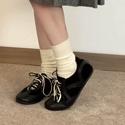 2025Spring and Autumn Retro Black Lace-up Shoes for Women, Height-increasing Casual Sneakers, Trendy Sports Shoes