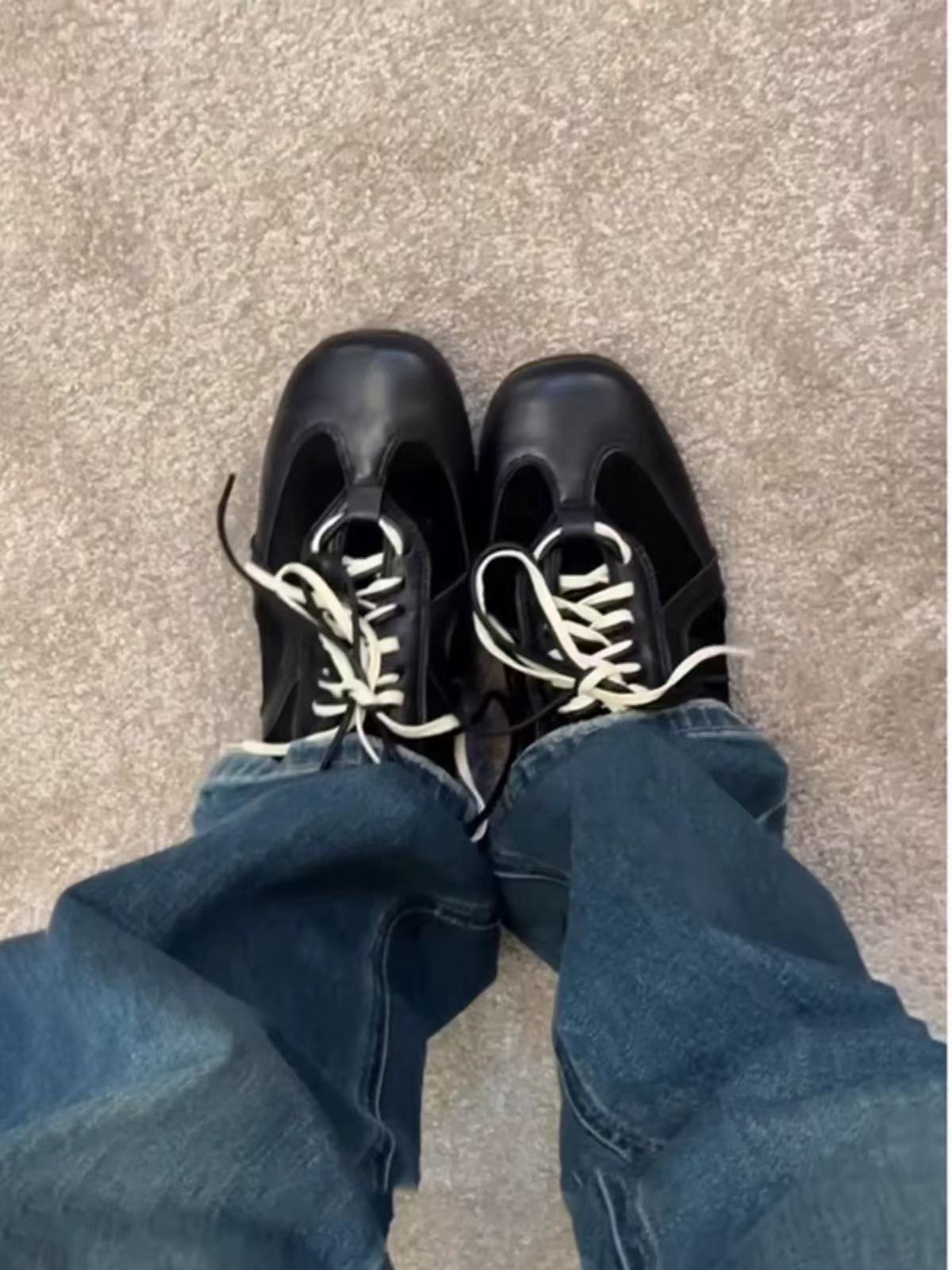 2025Spring and Autumn Retro Black Lace-up Shoes for Women, Height-increasing Casual Sneakers, Trendy Sports Shoes