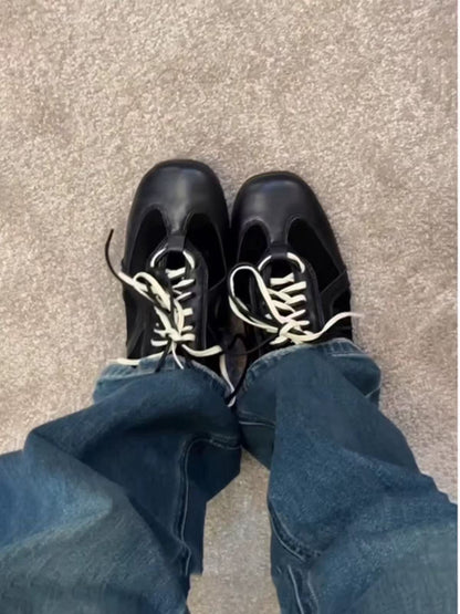 2025Spring and Autumn Retro Black Lace-up Shoes for Women, Height-increasing Casual Sneakers, Trendy Sports Shoes