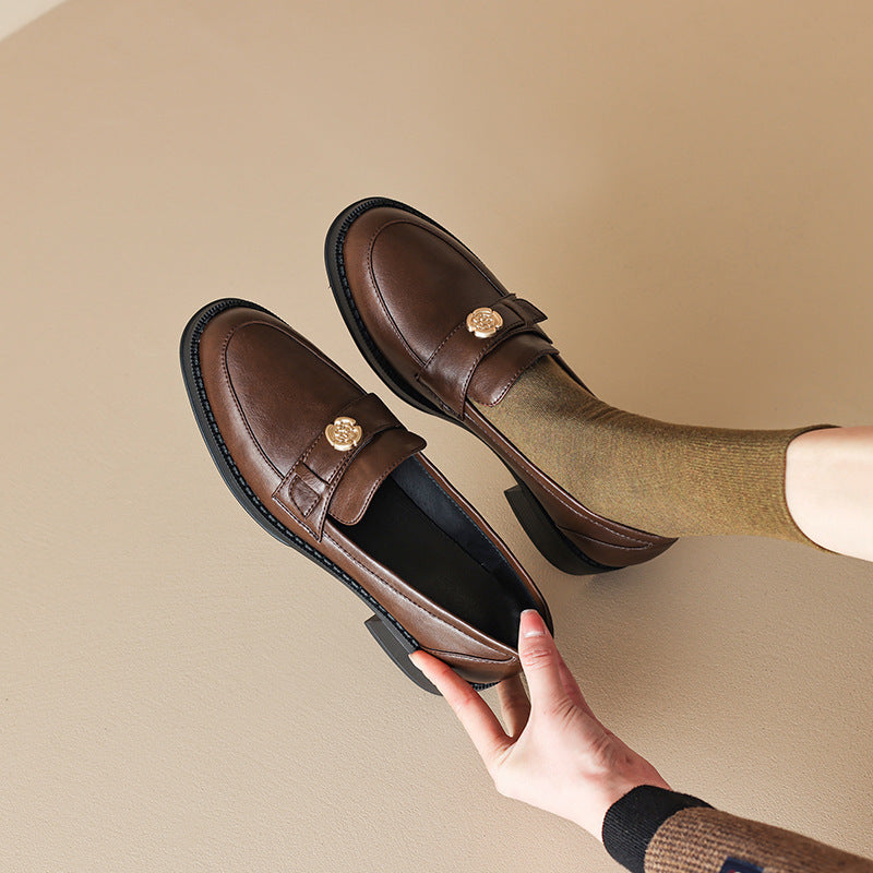 Left Bank Paris～！Chunky Heel British Style Gold Buckle Loafers for Women, Patent Leather Black Single Shoes