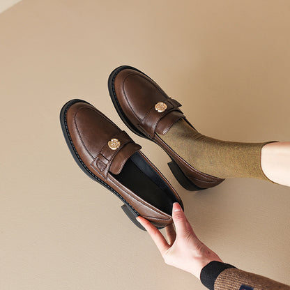 Left Bank Paris～！Chunky Heel British Style Gold Buckle Loafers for Women, Patent Leather Black Single Shoes