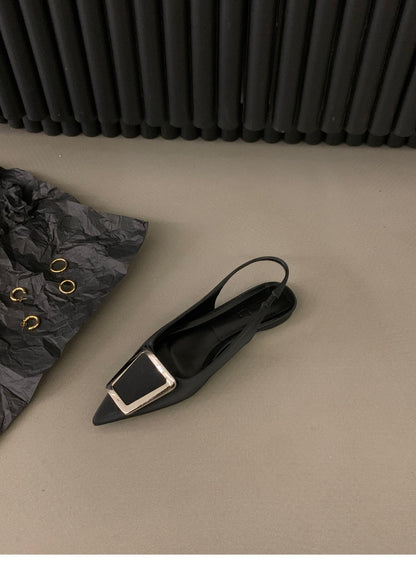 French flat black closed-toe sandals fairy shoes2025New spring and summer pointed toe rhinestone elegant shoes