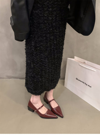 French style mid-high heel black pointed toe women's shoes2024New Spring Autumn Winter Mary Jane Evening Shoes