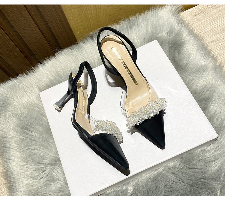 Women's Closed-Toe Sandals for Spring and Summer2023New Year's New French Transparent Pointed Toe Small Heel White High Heels Stiletto Single Shoes