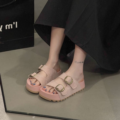 Solid Color Rubber Mid Heel(3-5cm)Platform Sole Suede Slippers