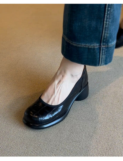 Vintage Shallow Mouth Single Shoes for Women, Round Toe, Chunky Heel, Slip-On Mary Jane Shoes, British Style Small Leather Shoes