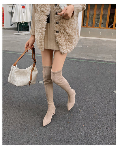 Long Boots for Women, Stretch Long Boots, Pointed Toe High Heel Boots, Over-the-Knee Boots, Suede High Boots, Khaki Color