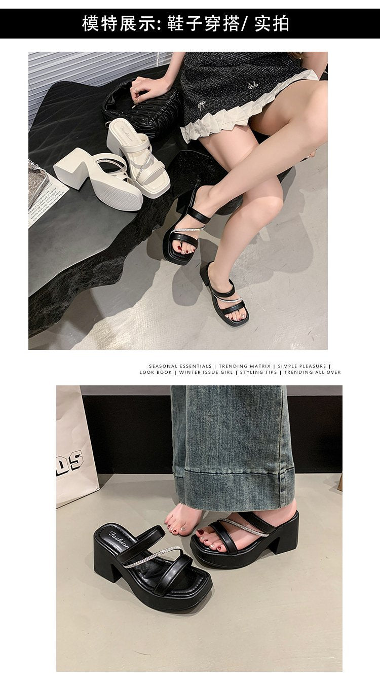 Solid Color Rubber Chunky Heel PU High Heel Slippers