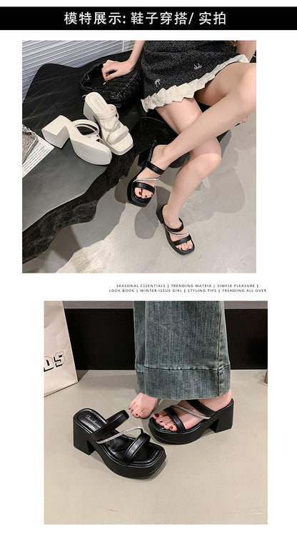 Solid Color Rubber Chunky Heel PU High Heel Slippers