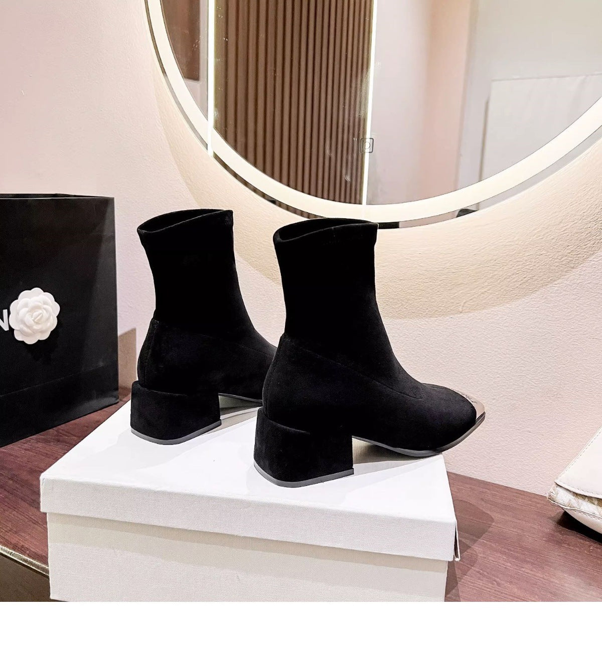 Women's Suede Ankle Boots2024Autumn New Fashionable Chunky Heel Metal Square Toe Mid-Heel Stretch Slim Sock Boots