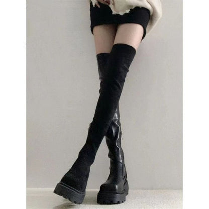 Over-the-Knee Long Boots for Women, French Style High Boots, Leg-Wrapping Elastic Slim Boots, Thick-Soled Leather Boots, Riding Boots