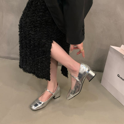 Women's Red Chunky Heel Shoes2023 New Summer Mid-High Heels silver Mary Jane Shoes for Dresses Evening Shoes