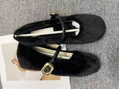 Fairy Style Internal Height Increase5cm Mary Jane Furry Shoes for Women2024New autumn and winter plush single shoes