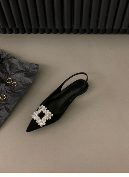 French flat black closed-toe sandals fairy shoes2025New spring and summer pointed toe rhinestone elegant shoes