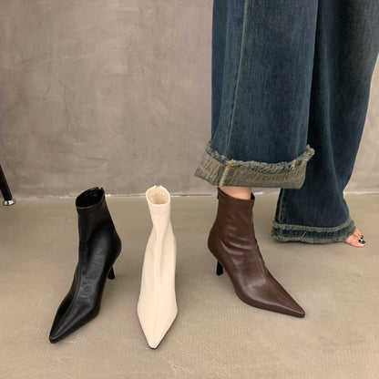 Thin Heel High Heel Spring and Autumn Single Boots Pointed Toe Short Boots Women's Shoes2023New Year's New White Korean Style Slim Nude Boots