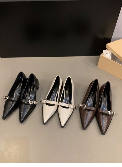 French Style Mary Jane Leather Shoes for Women2024New Spring Autumn Winter Black Pointed High Heels Single Shoes