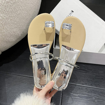 PU Square Heel Low Heel Slippers Rubber Toe