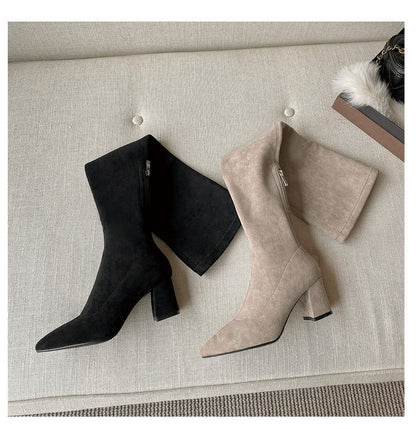 Long Boots for Women, Stretch Long Boots, Pointed Toe High Heel Boots, Over-the-Knee Boots, Suede High Boots, Khaki Color