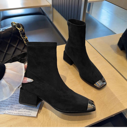Women's Suede Ankle Boots2024Autumn New Fashionable Chunky Heel Metal Square Toe Mid-Heel Stretch Slim Sock Boots