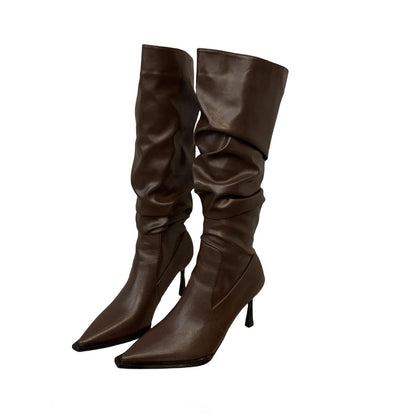 High Heel Pointed Toe Pile Long Boots Women's Shoes2024New Autumn and Winter White Slim Thin Heel Knight Mid-Length Boots