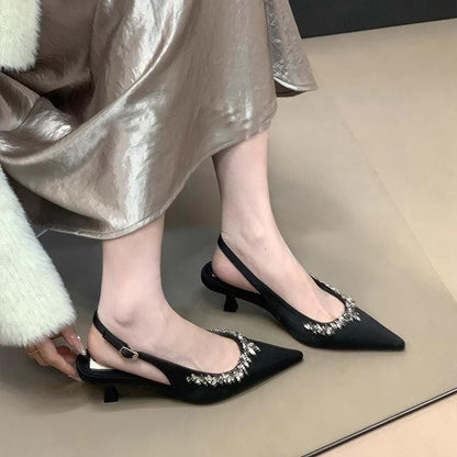 Women's Sandals2025Spring New Women's Shoes Backless Rhinestone Closed-Toe High Heels Pointed Toe Stiletto Bridesmaid Wedding Shoes