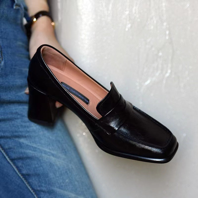 Women's Autumn Chunky High Heels2023New Black British Style Loafers Elegant Square Toe Single Shoes