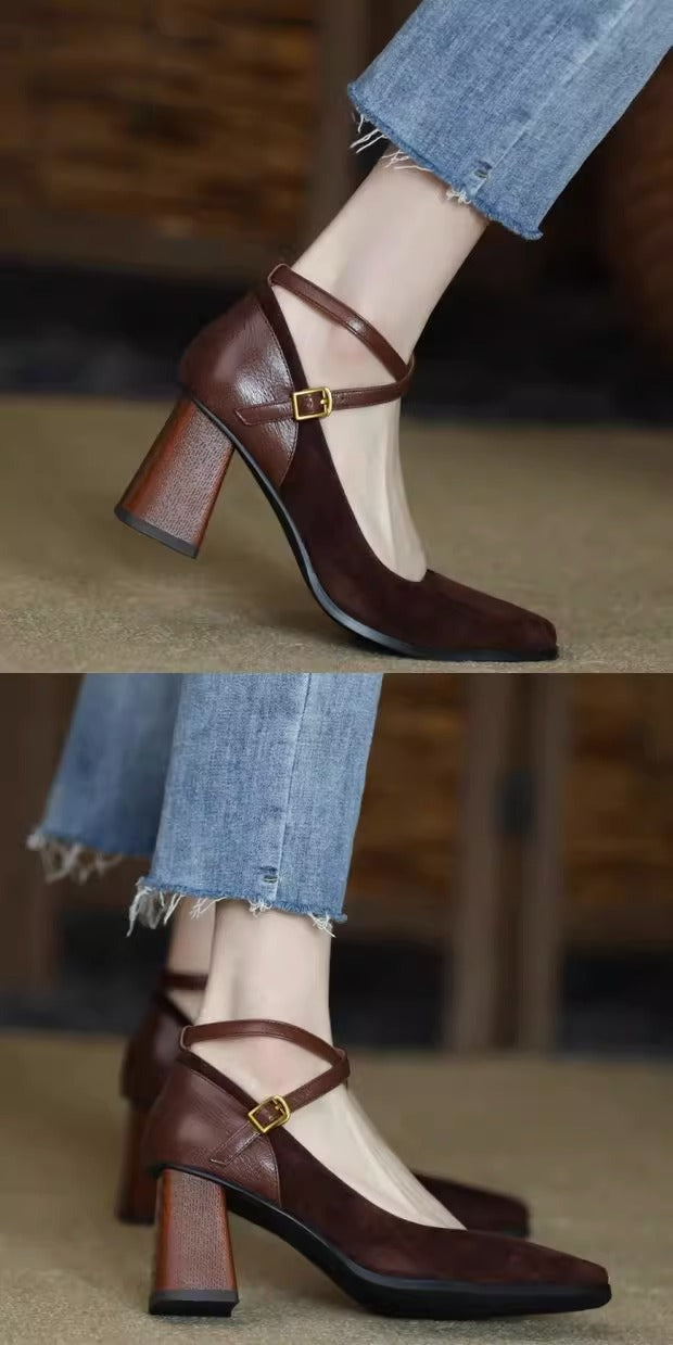 Women's retro square toe high heels2023Autumn and Winter New Suede Leather Patchwork Chunky Heel Cross Buckle Mary Jane Shoes