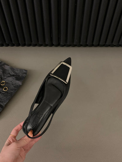 French flat black closed-toe sandals fairy shoes2025New spring and summer pointed toe rhinestone elegant shoes