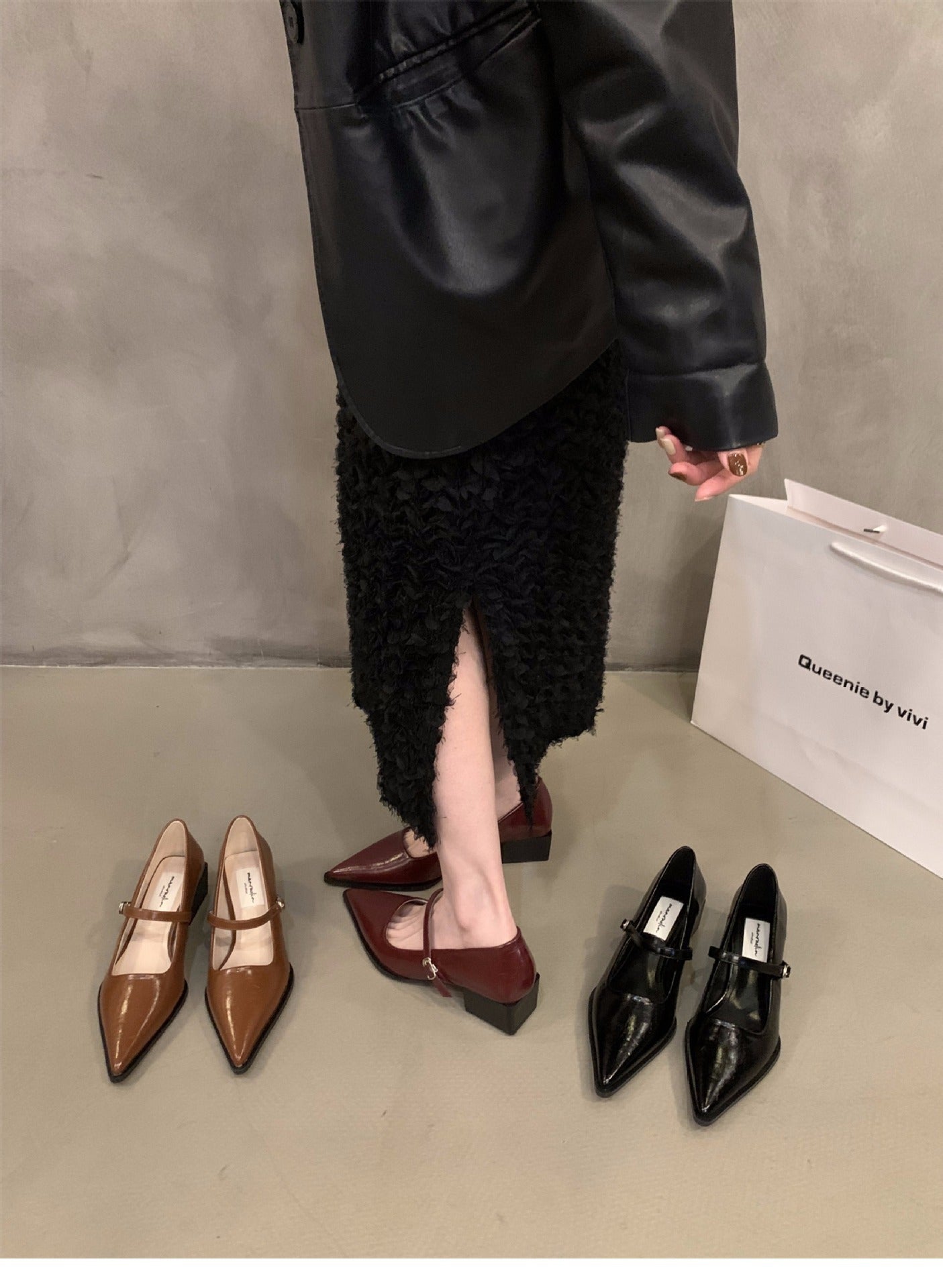French style mid-high heel black pointed toe women's shoes2024New Spring Autumn Winter Mary Jane Evening Shoes