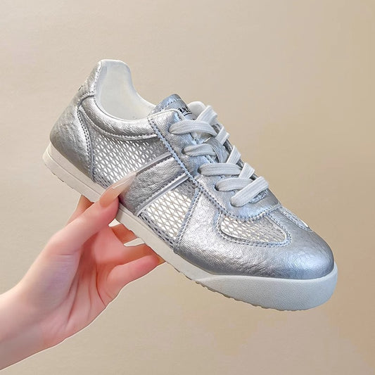 Zhi Ke Women's Genuine Leather Thin Ice Silk Mesh White Sneakers2025Spring new style breathable casual sports sneakers