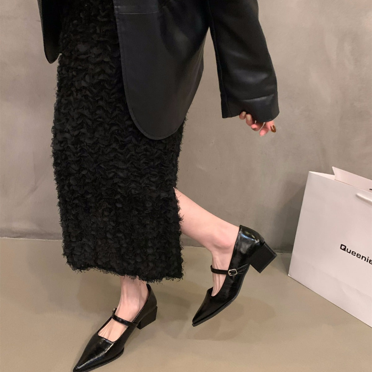 French style mid-high heel black pointed toe women's shoes2024New Spring Autumn Winter Mary Jane Evening Shoes