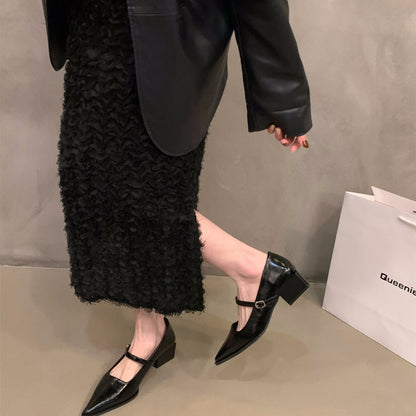 French style mid-high heel black pointed toe women's shoes2024New Spring Autumn Winter Mary Jane Evening Shoes