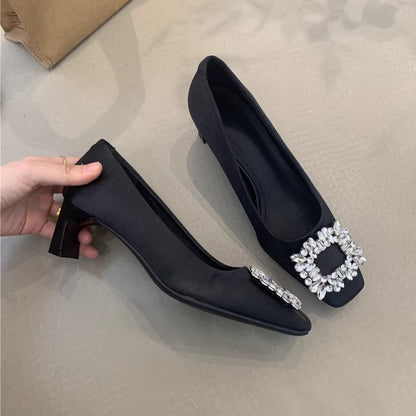 Elegant High Heels for Women2025New Year's New French Elegant Evening Style Rhinestone Square Toe Shallow Mouth Thick Heel Commuting Women's Shoes