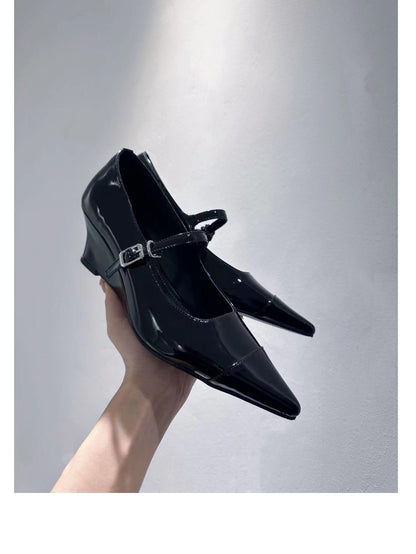 Yi Mengling Same Style2023Shoe Fairy Shoes to Match Dress Rich Lady Shoes Wedge White Single Shoes Pointed Toe Maggie Jane