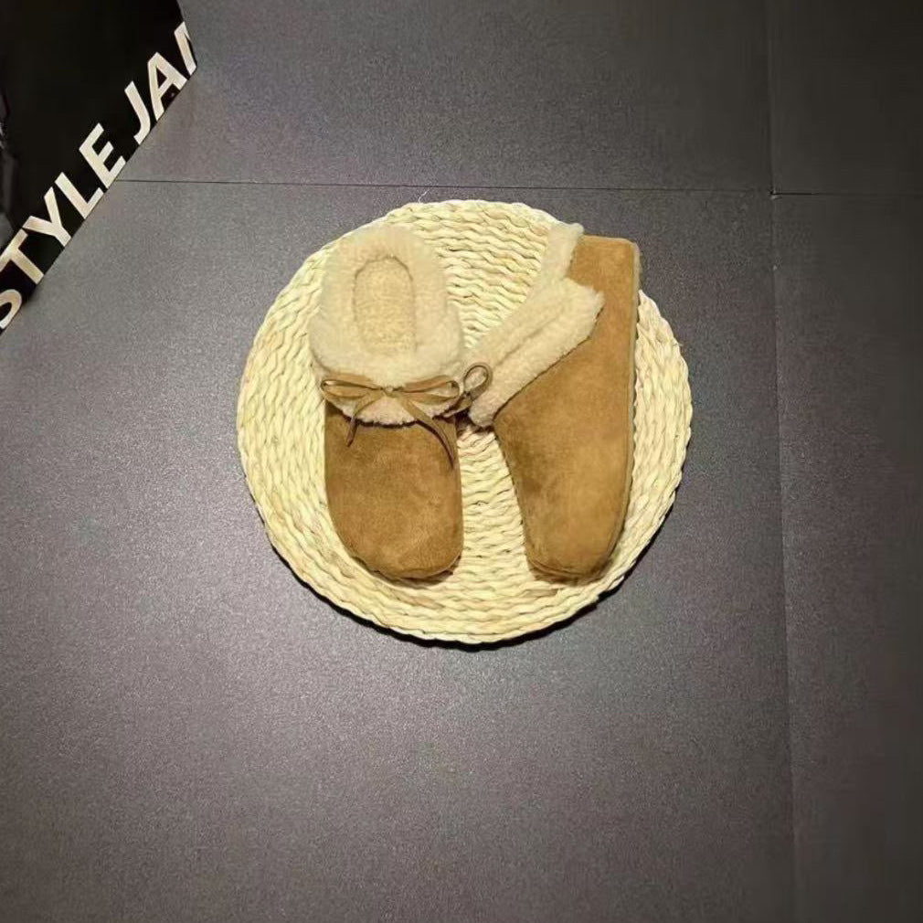 2025New Autumn and Winter Style Elegant Internet Celebrity Bow Cotton Slippers Light Luxury Retro Style Simple Versatile Closed-Toe Slippers