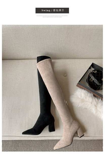 Long Boots for Women, Stretch Long Boots, Pointed Toe High Heel Boots, Over-the-Knee Boots, Suede High Boots, Khaki Color