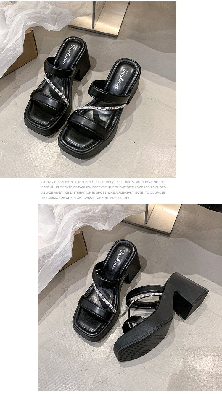 Solid Color Rubber Chunky Heel PU High Heel Slippers