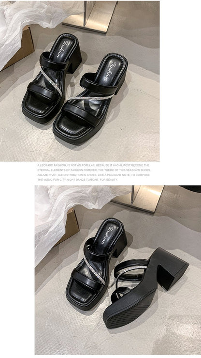 Solid Color Rubber Chunky Heel PU High Heel Slippers