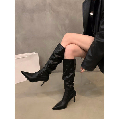 High Heel Pointed Toe Pile Long Boots Women's Shoes2024New Autumn and Winter White Slim Thin Heel Knight Mid-Length Boots