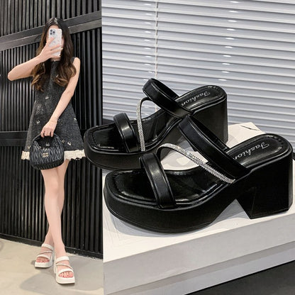 Solid Color Rubber Chunky Heel PU High Heel Slippers