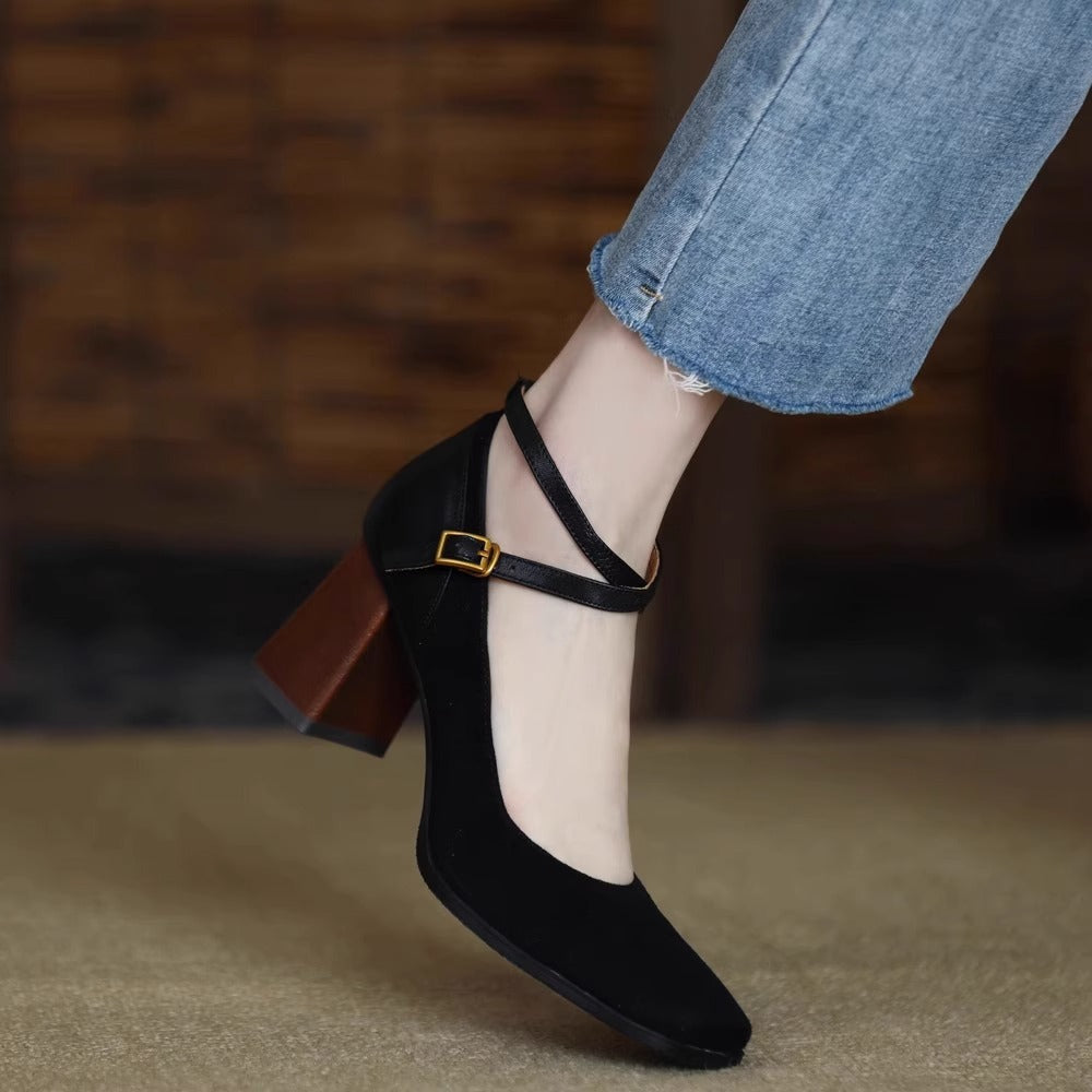 Women's retro square toe high heels2023Autumn and Winter New Suede Leather Patchwork Chunky Heel Cross Buckle Mary Jane Shoes
