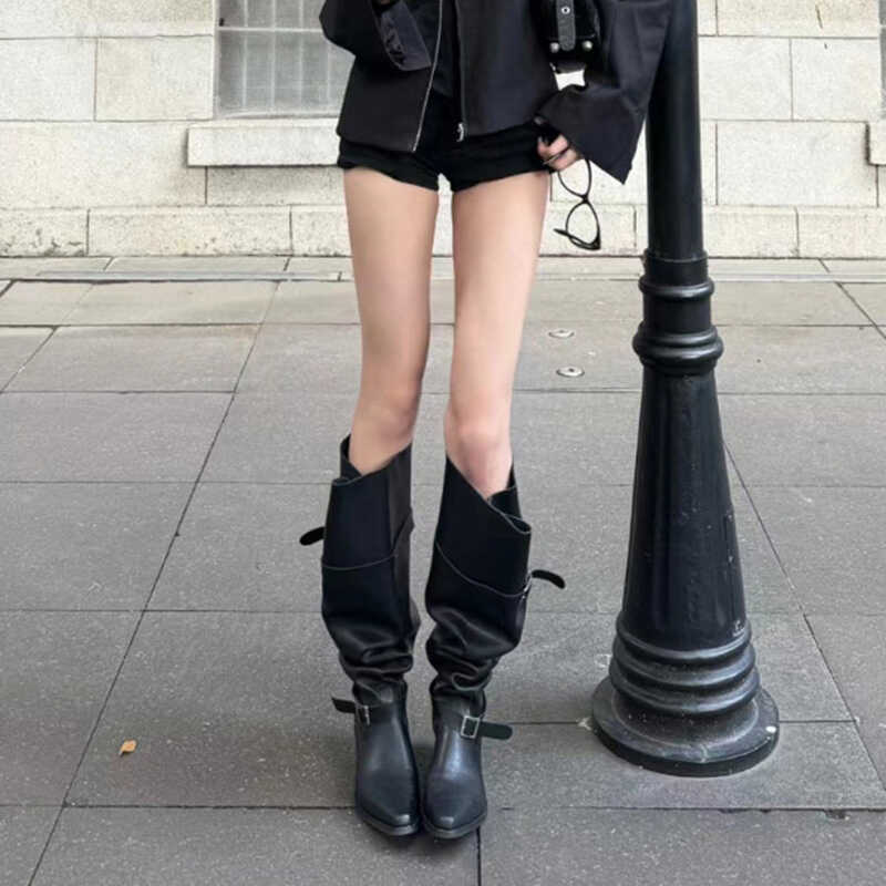 Korean Style Large Tube Pile Boots for Women with Chunky Heels, Over-the-Knee Boots2024Autumn Belt Buckle Western Boots Fashion Long Boots