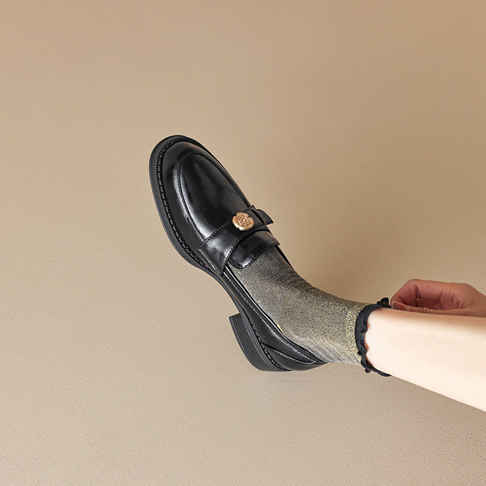 Left Bank Paris～！Chunky Heel British Style Gold Buckle Loafers for Women, Patent Leather Black Single Shoes
