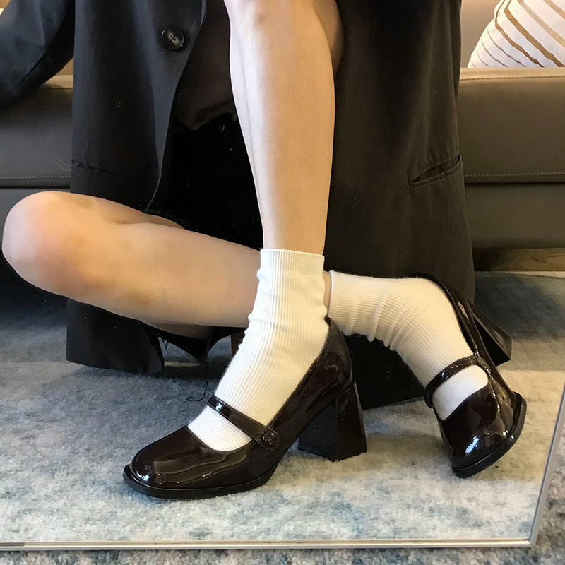 Mary Jane High Heels2023New Year's New Small Thick Heel French Style One-Strap Retro Single Shoes