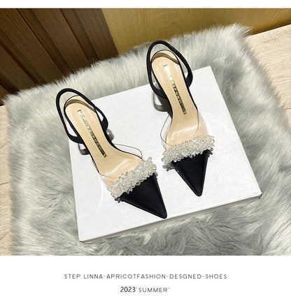 Women's Closed-Toe Sandals for Spring and Summer2023New Year's New French Transparent Pointed Toe Small Heel White High Heels Stiletto Single Shoes