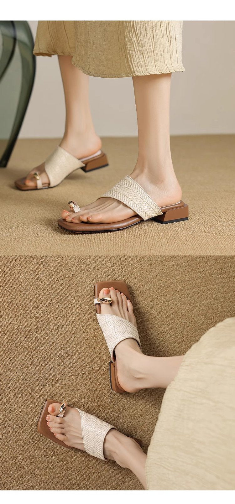Thick Heel Vacation Style Straw Weave Toe Clip Sandals for Women Summer Outdoor Wear2024New French Style Sandals