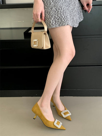 French pointed toe high heels stiletto single shoes for women2025Spring and Autumn New Style Cat Heel Elegant Rhinestone Black Work Shoes