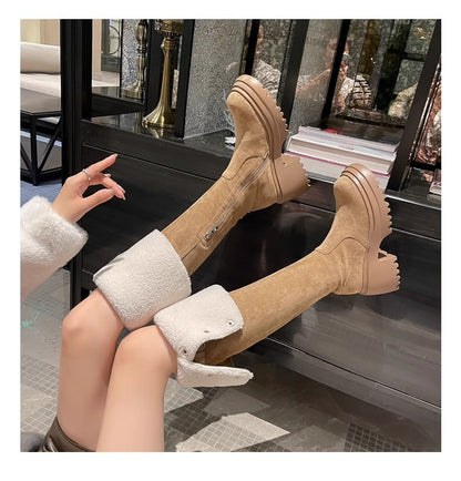 2025New Retro Small Western Boots for Women, Autumn and Winter Fleece-Lined Over-the-Knee Long Boots, Brown Long Boots, Riding Boots