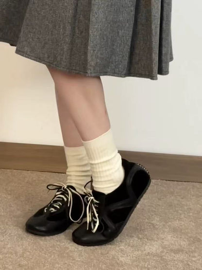 2025Spring and Autumn Retro Black Lace-up Shoes for Women, Height-increasing Casual Sneakers, Trendy Sports Shoes